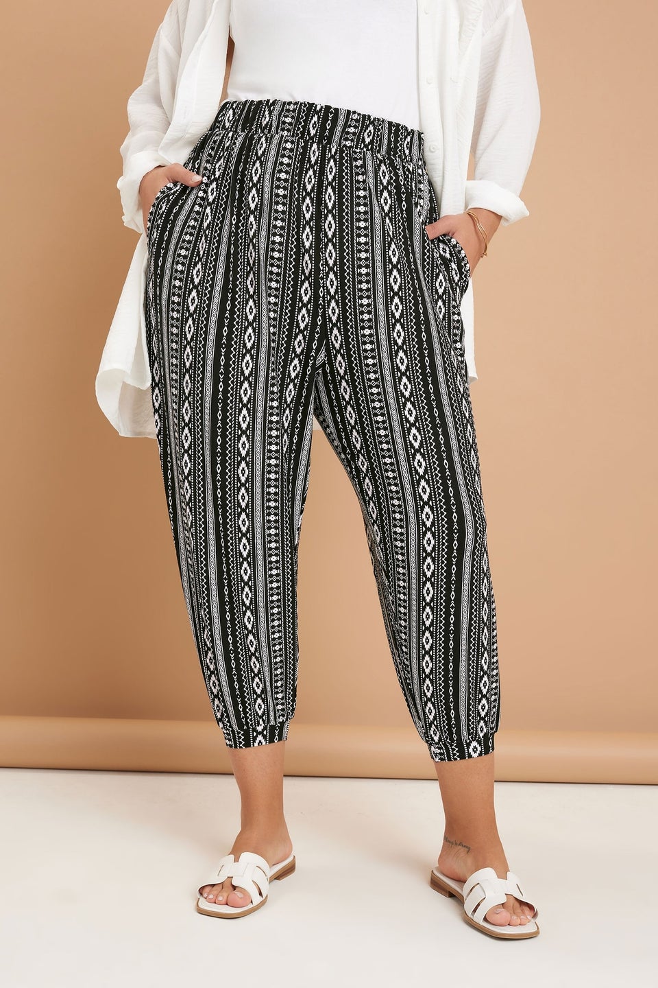 Yours Curve Black Aztec Stripe Cropped Harem Trousers