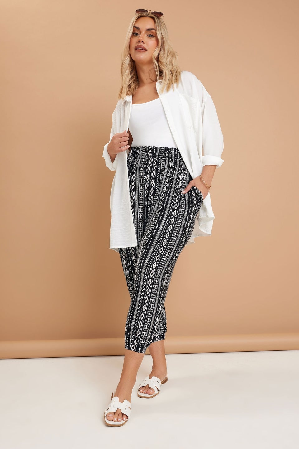 Yours Curve Black Aztec Stripe Cropped Harem Trousers