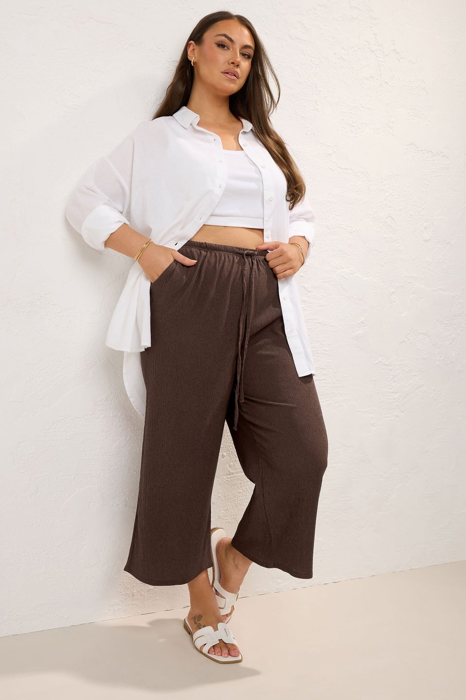 Yours Curve Brown Tie Waist Culottes