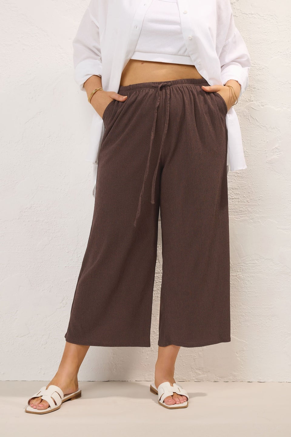 Yours Curve Brown Tie Waist Culottes