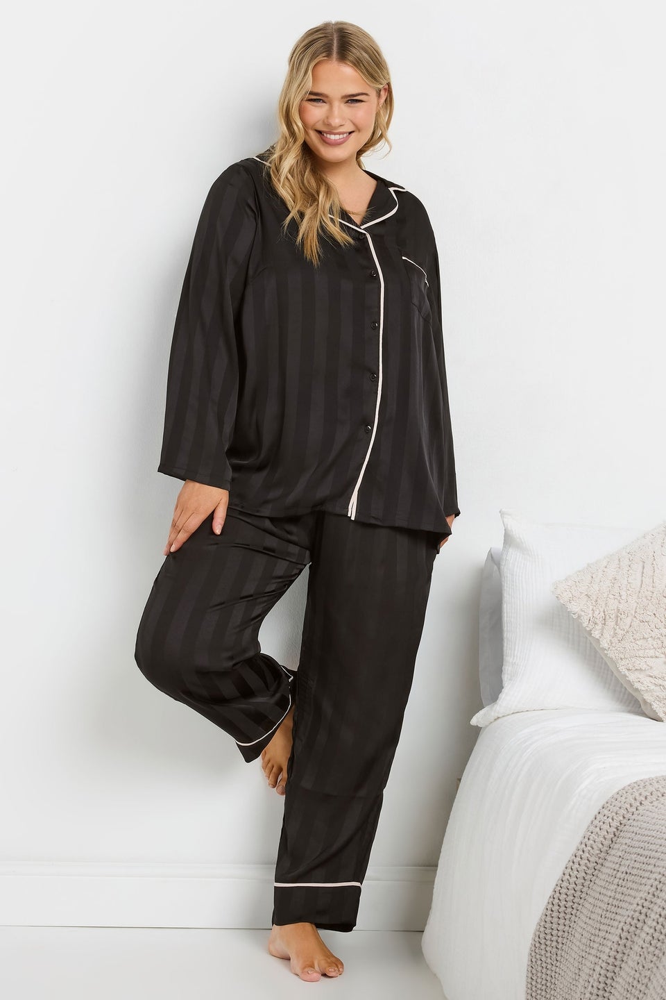 YOURS Curve Black Stripe Satin Pyjama Set