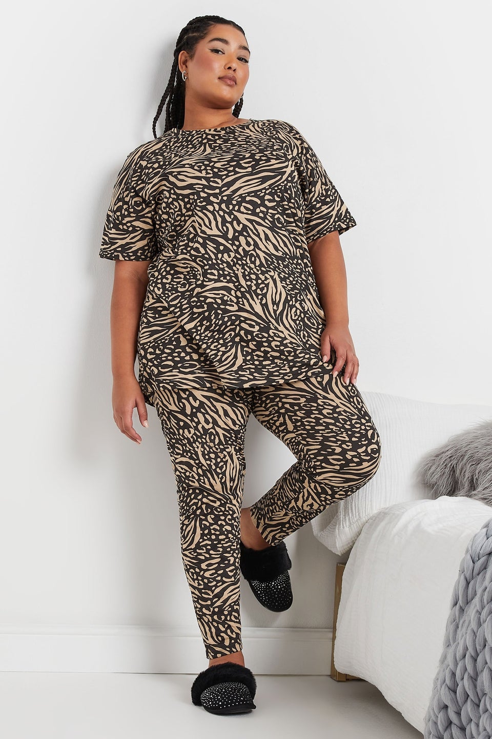 YOURS Curve Black & Brown Animal Print Pyjama Set