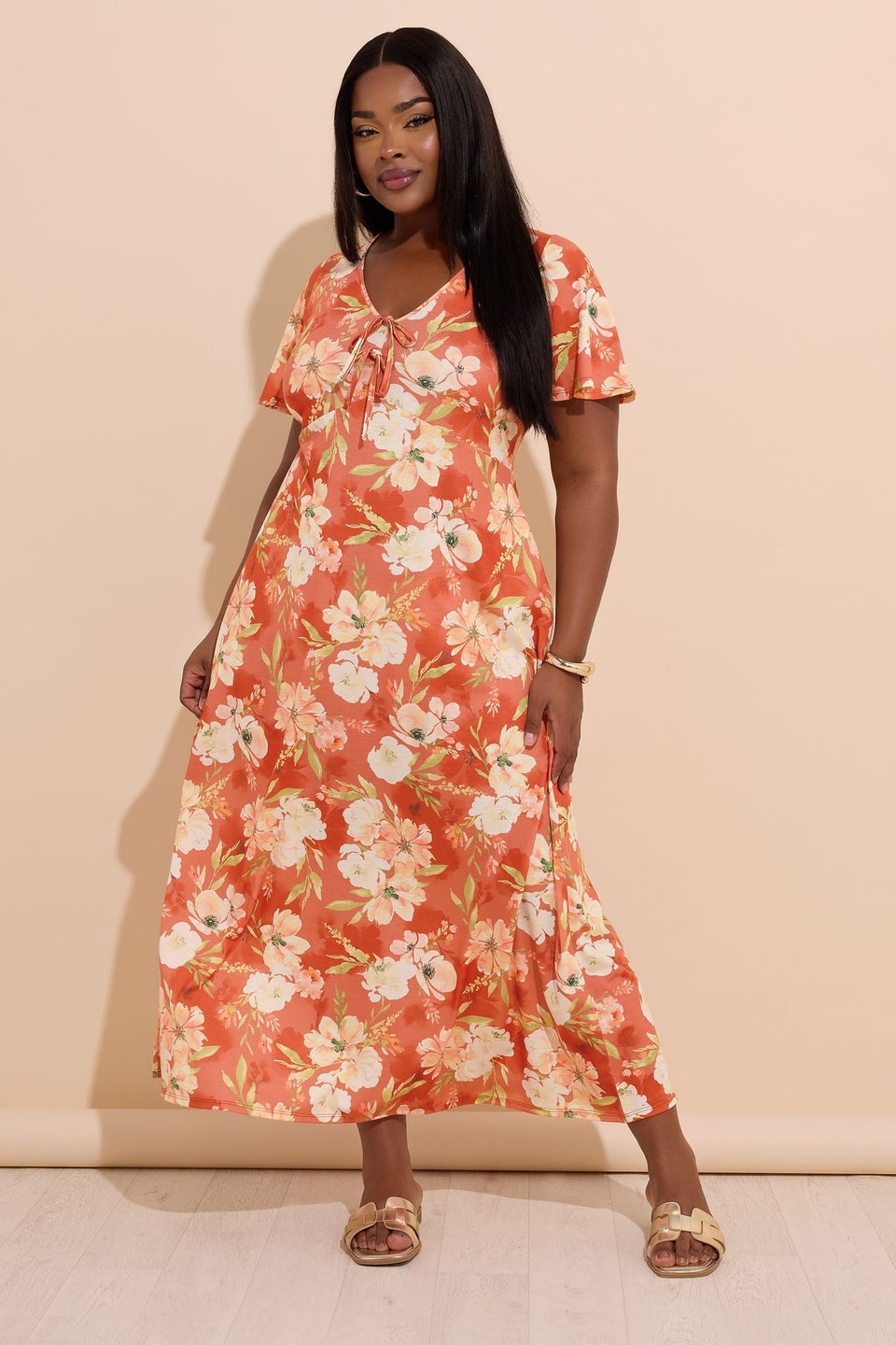 Yours Curve Rust Brown Floral Bow Front Maxi Dress