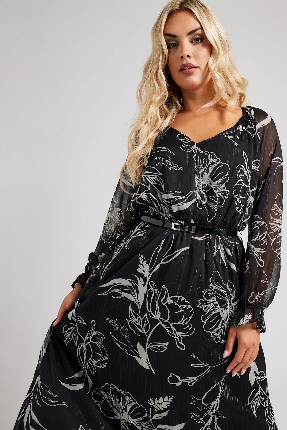 Yours London Curve Black & White Floral Print Metallic Midaxi Dress With Belt