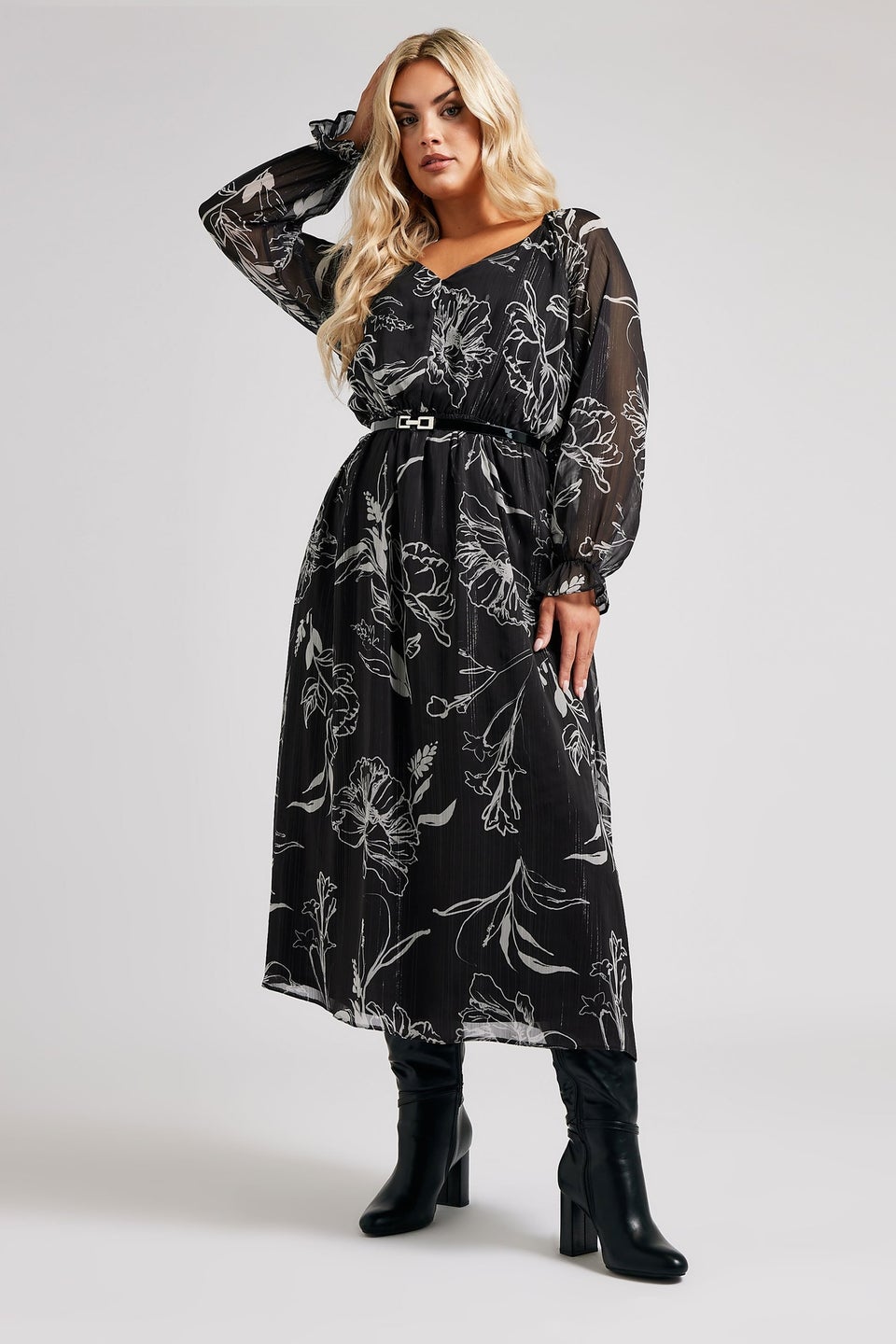Yours London Curve Black & White Floral Print Metallic Midaxi Dress With Belt