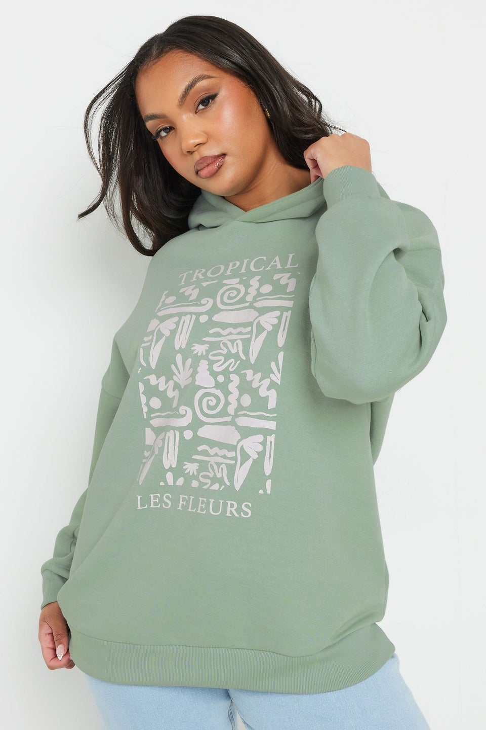 Yours Curve Sage Green Tropical Abstract Print Hoodie