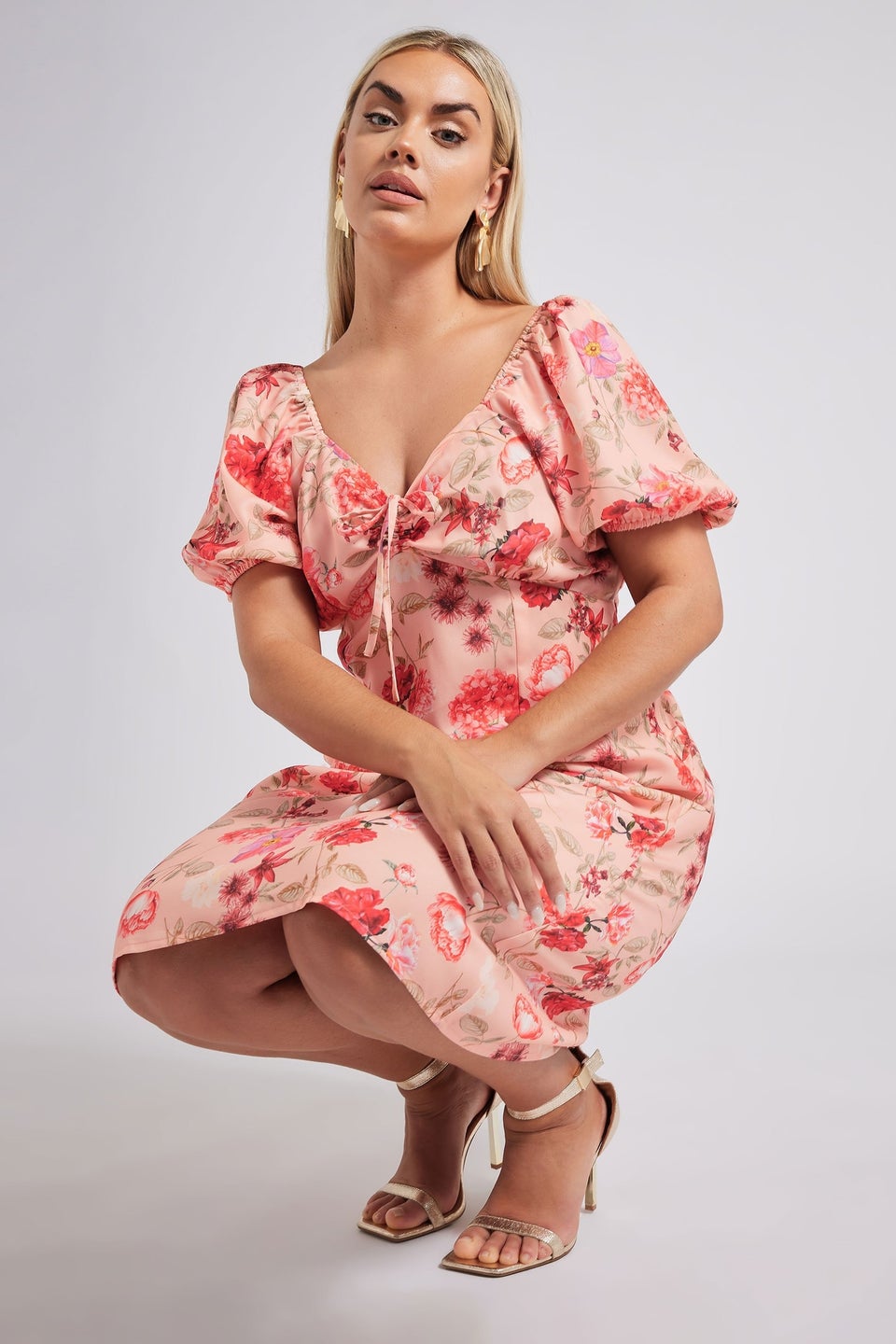 Yours London Curve Pink Floral Print Puff Sleeve Midaxi Dress