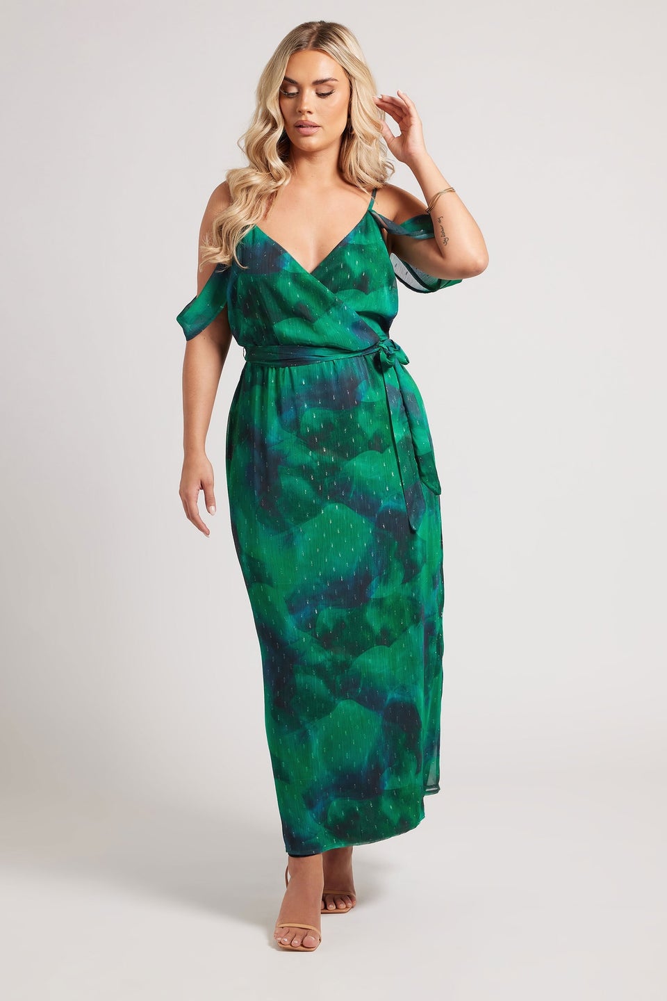 Yours London Curve Green Abstract Metallic Cold Shoulder Dress