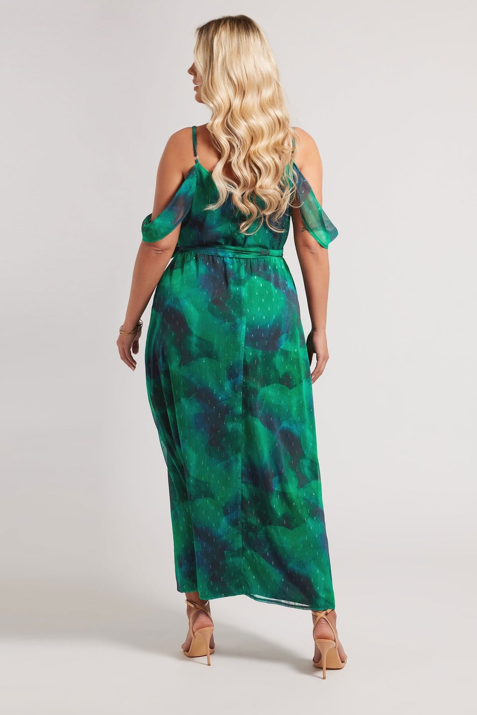 Yours London Curve Green Abstract Metallic Cold Shoulder Dress