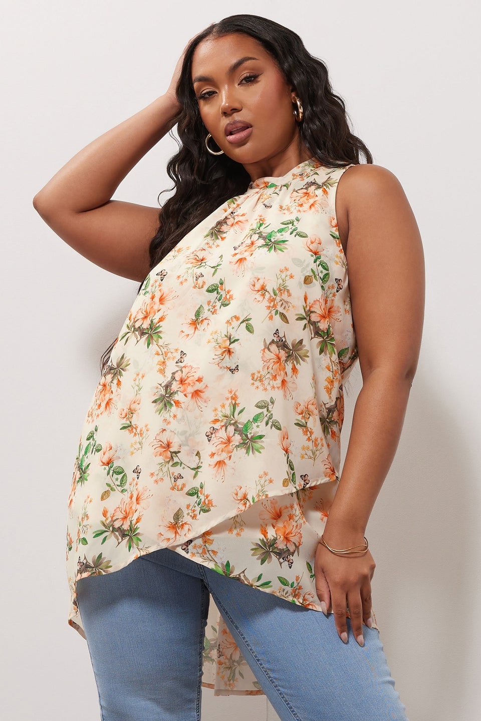 YOURS LONDON Curve Ivory White Floral High Neck Layered Blouse