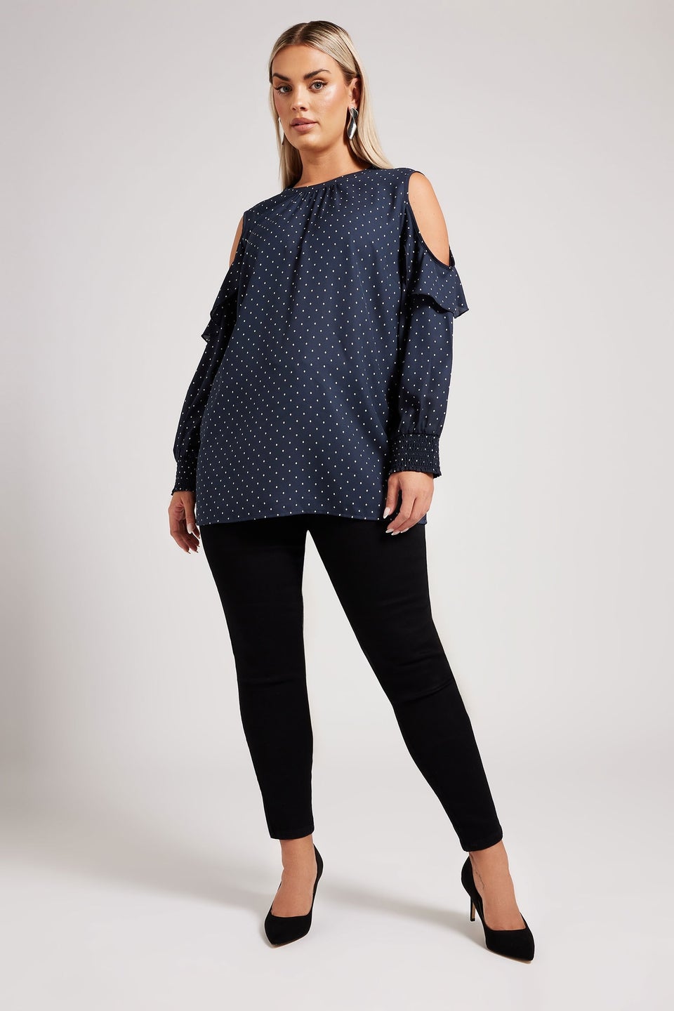 YOURS LONDON Curve Navy Blue Spot Print Cold Shoulder Blouse