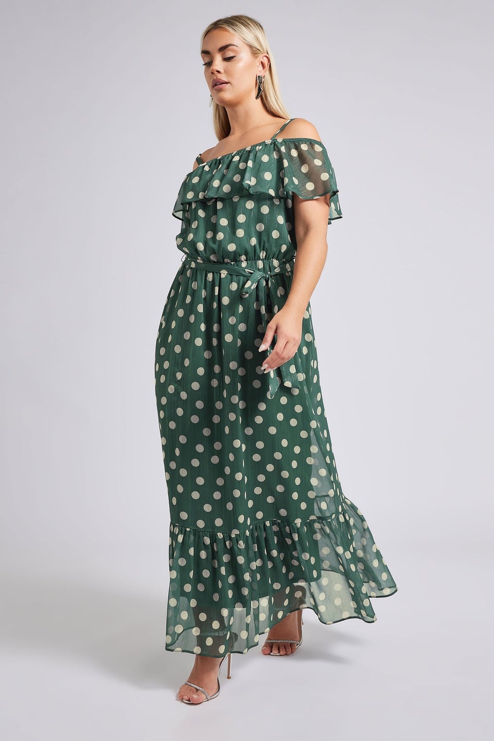Yours London Curve Dark Green Polka Dot Metallic Maxi Dress