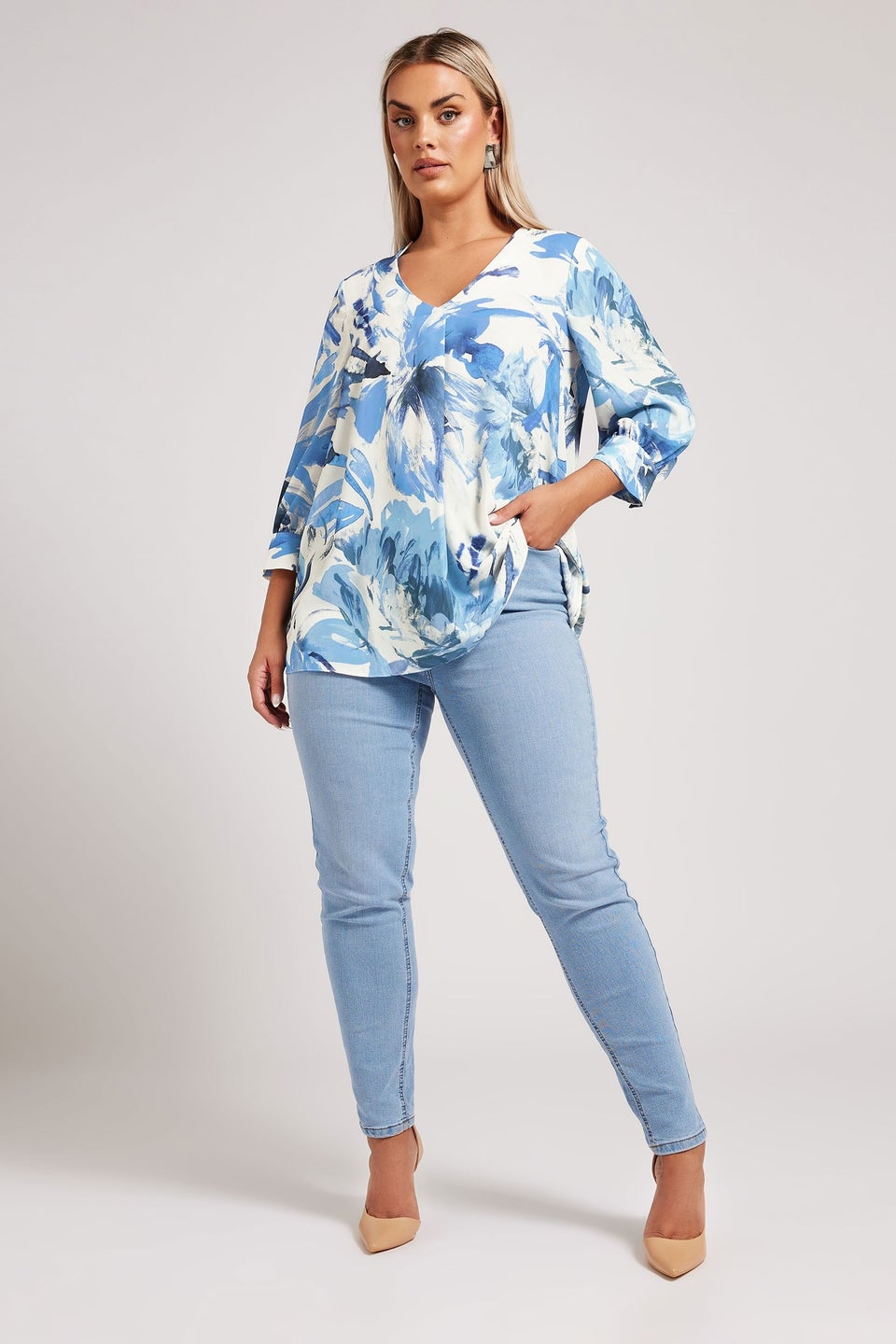 YOURS LONDON Curve Ivory White Abstract Print Pleat Front Blouse