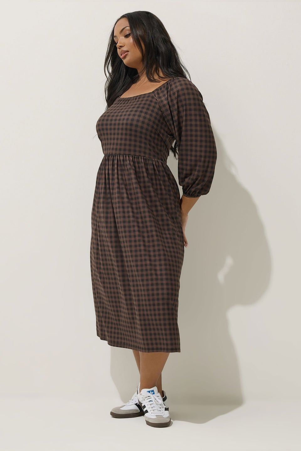 Yours Limited Collection Curve Brown Gingham Puff Sleeve Midi Dress