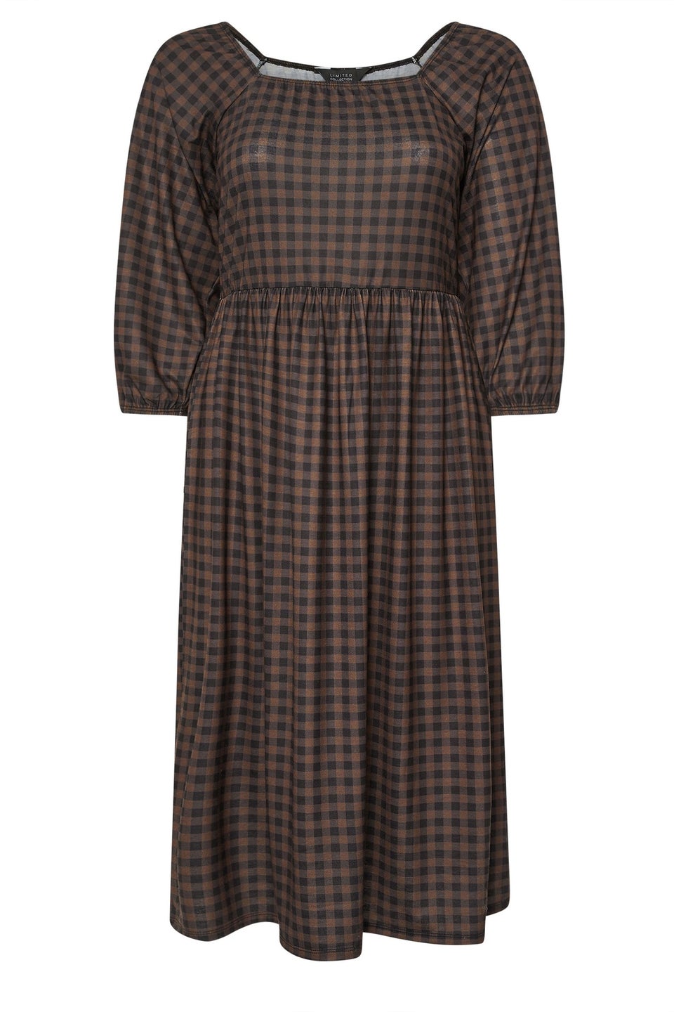 Yours Limited Collection Curve Brown Gingham Puff Sleeve Midi Dress