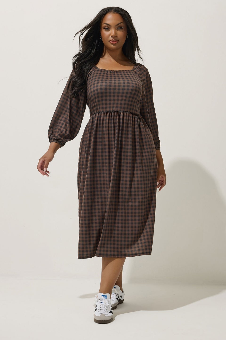 Yours Limited Collection Curve Brown Gingham Puff Sleeve Midi Dress