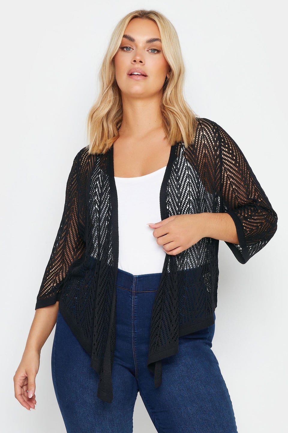 Yours Curve Black Crochet Open Waterfall Cardigan
