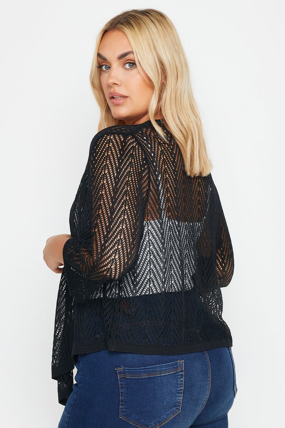 Yours Curve Black Crochet Open Waterfall Cardigan