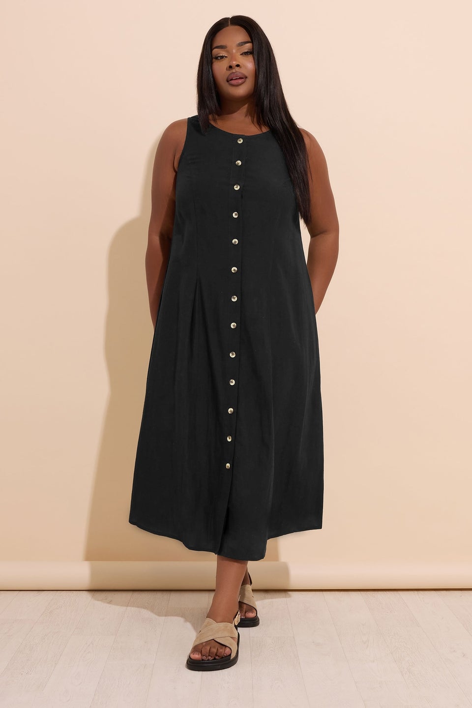 Yours Curve Black Linen Button Through Midaxi Dress