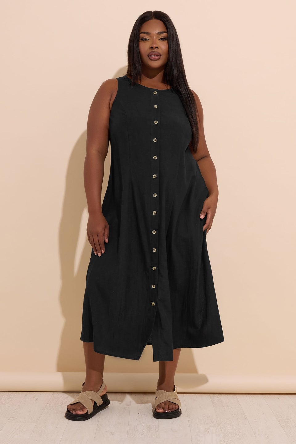 Yours Curve Black Linen Button Through Midaxi Dress