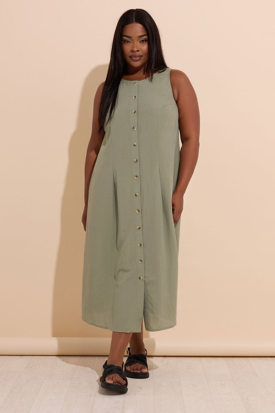 Yours Curve Khaki Green Linen Button Through Midaxi Dress