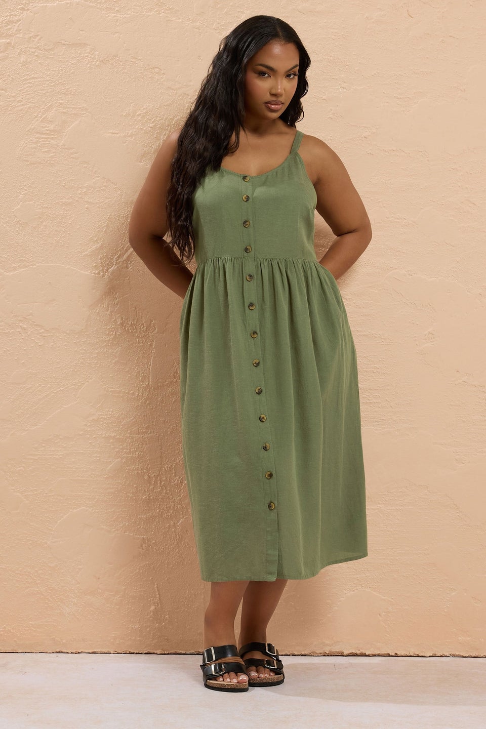 Yours Curve Khaki Green Button Through Linen Sundress