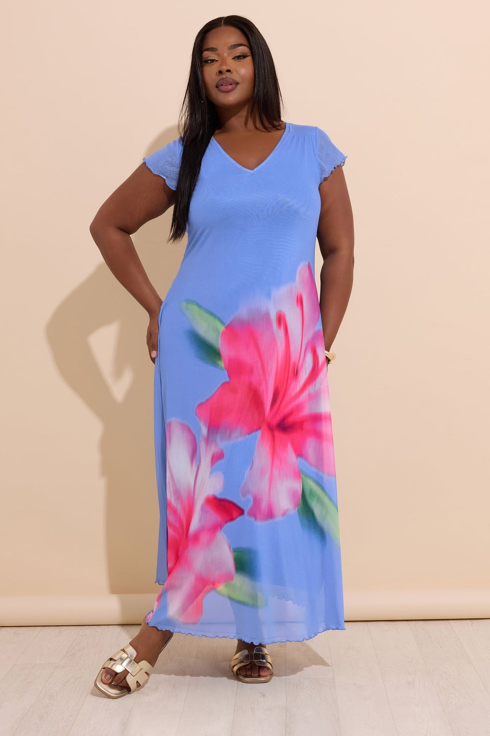 Yours Curve Blue Tropical Floral Mesh Maxi Dress