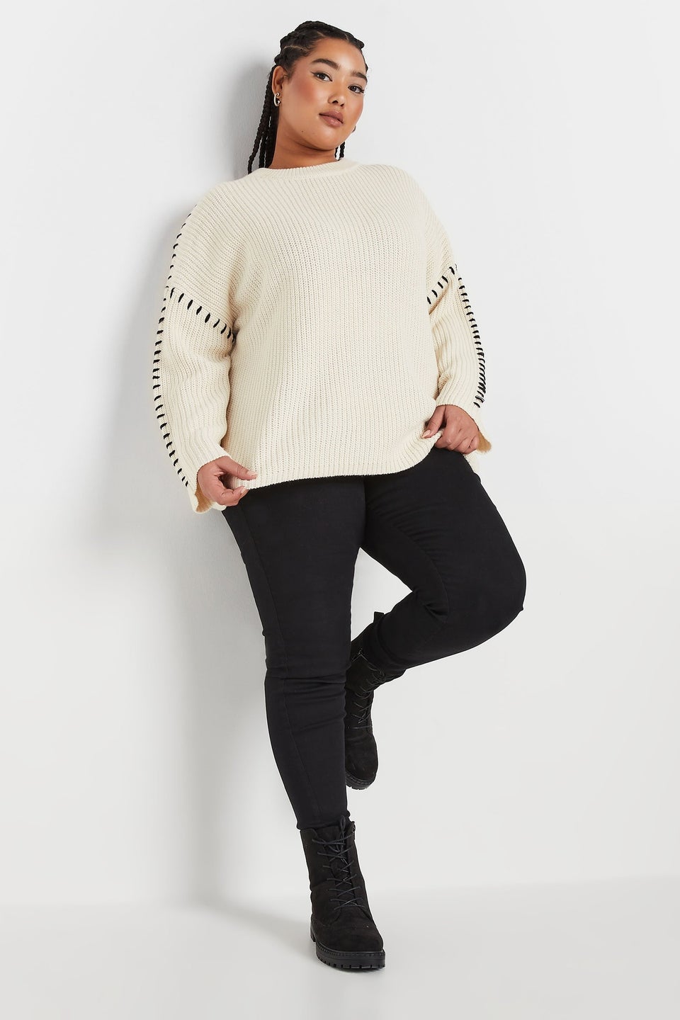 YOURS Curve Cream Contrast Stitch Knitted Jumper