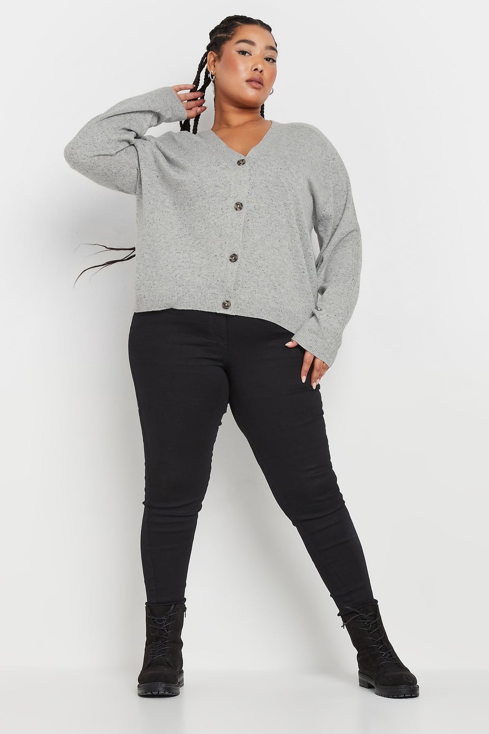 Yours Curve Grey Speckled Button Through Cardigan