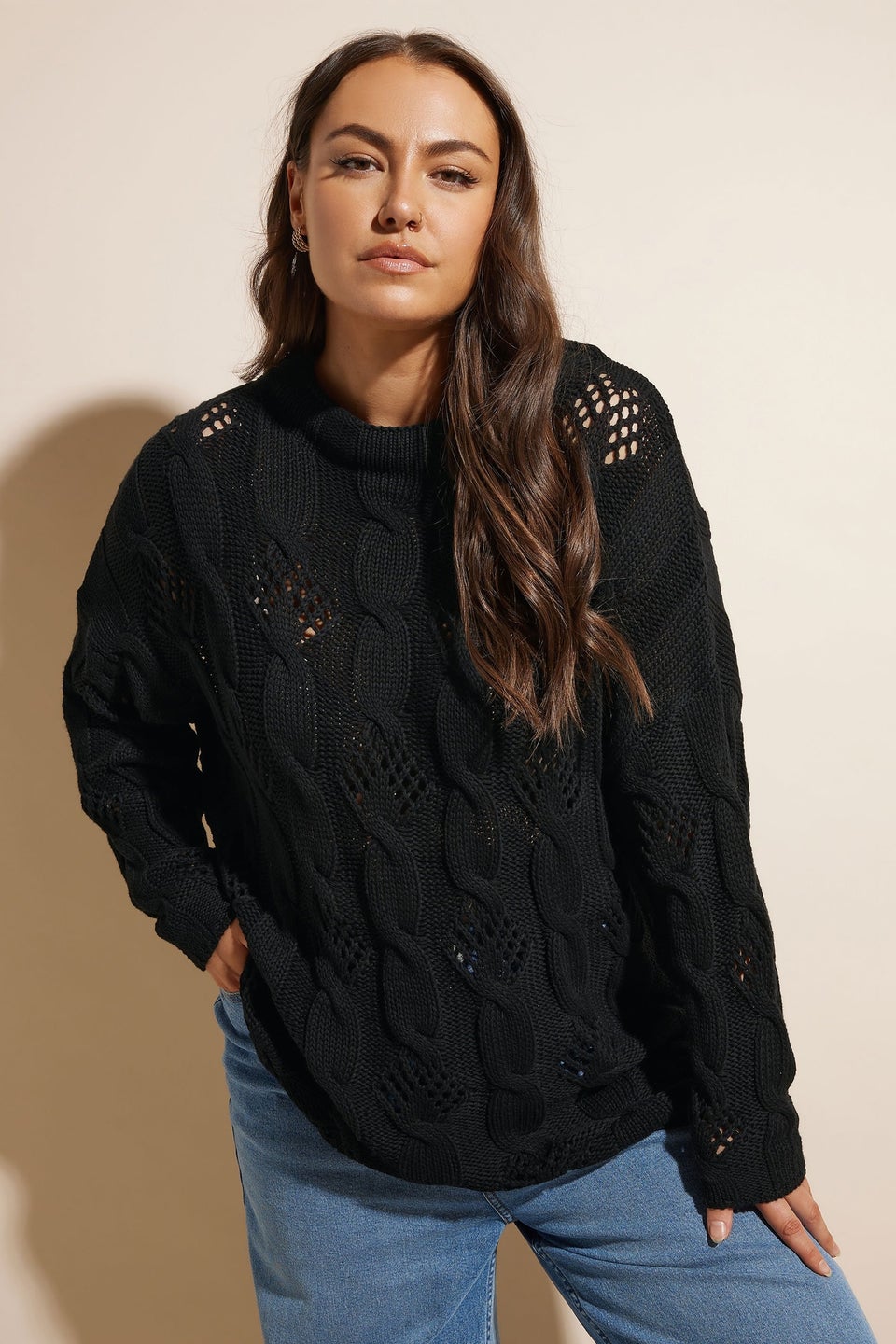 YOURS Curve Black Chunky Cable Knit Jumper