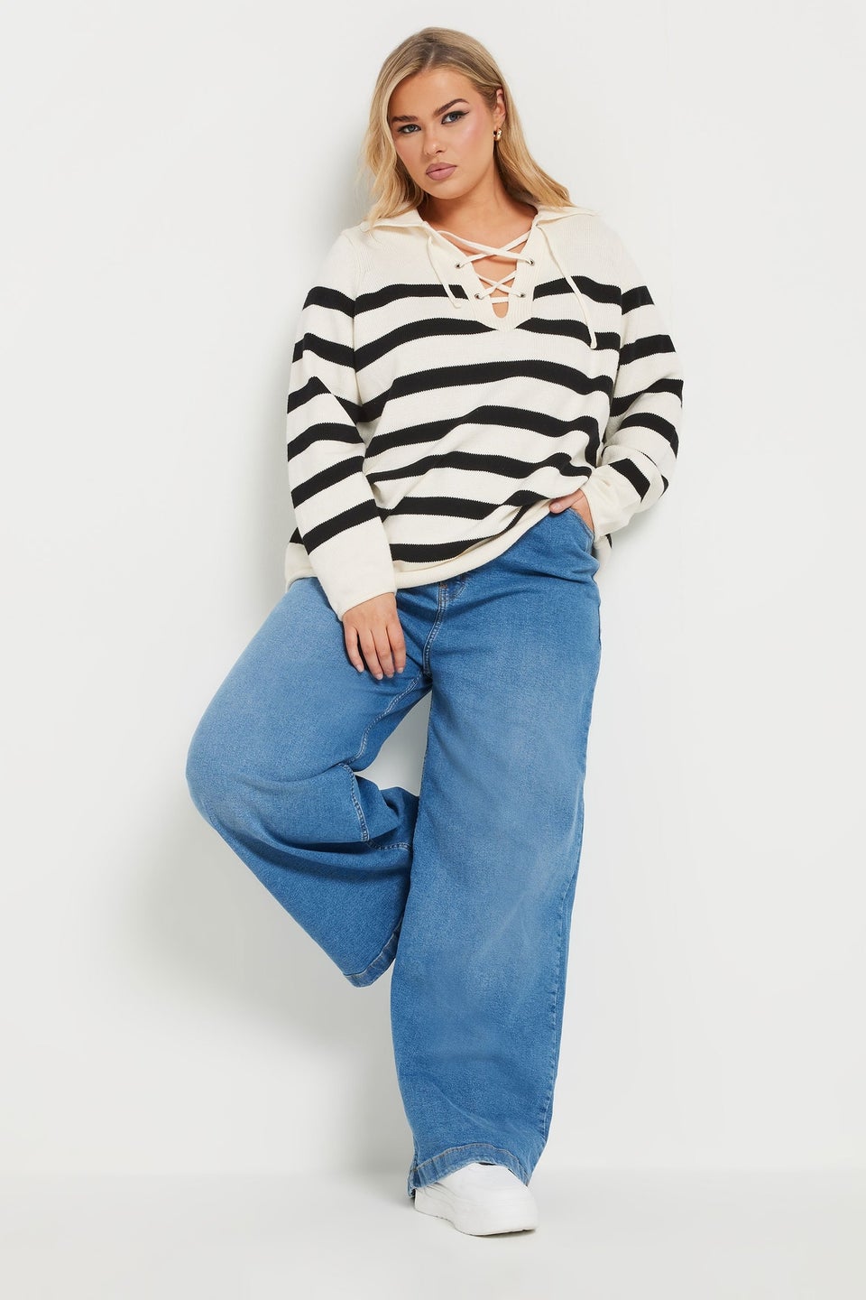 YOURS Curve White Stripe Tie Neck Jumper
