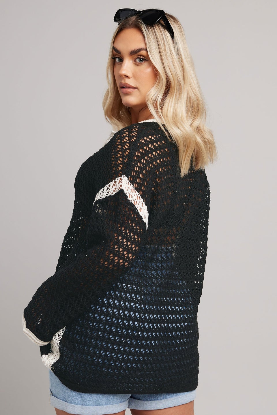 YOURS Curve Black & White Crochet Tie Front Jumper