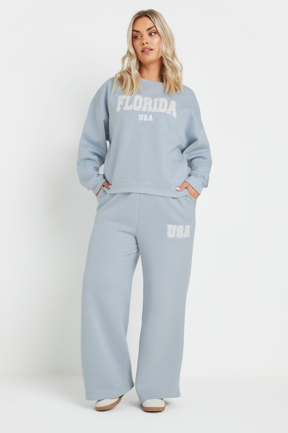 Yours Curve Light Blue Slogan Wide Leg Joggers