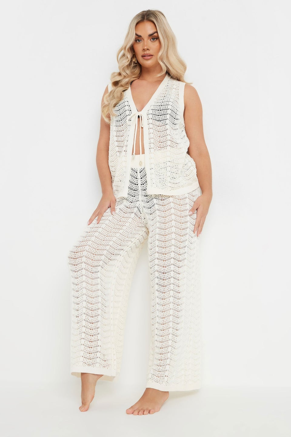Yours Curve Ivory White Crochet Beach Trousers