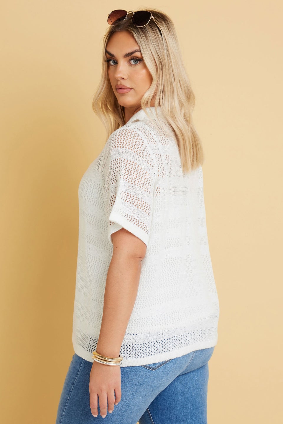 Yours Curve White Crochet Collared Knitted Top