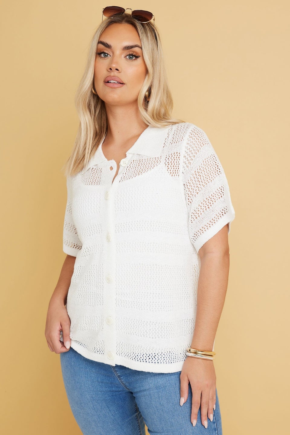 Yours Curve White Crochet Collared Knitted Top