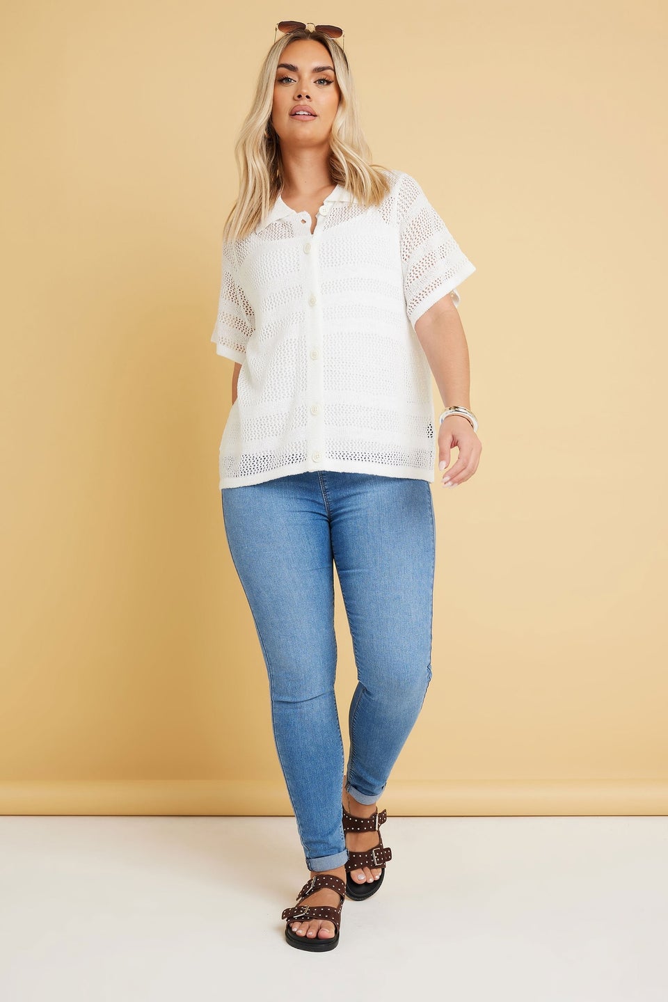Yours Curve White Crochet Collared Knitted Top