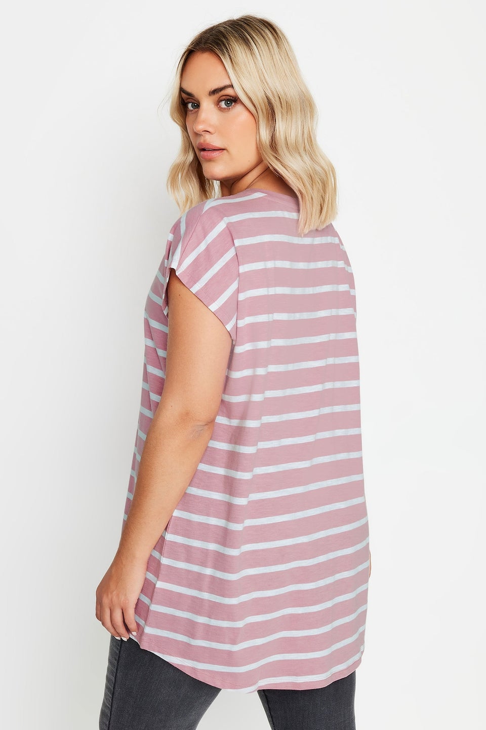 Yours Curve Pink Stripe Grown On Sleeve T-Shirt