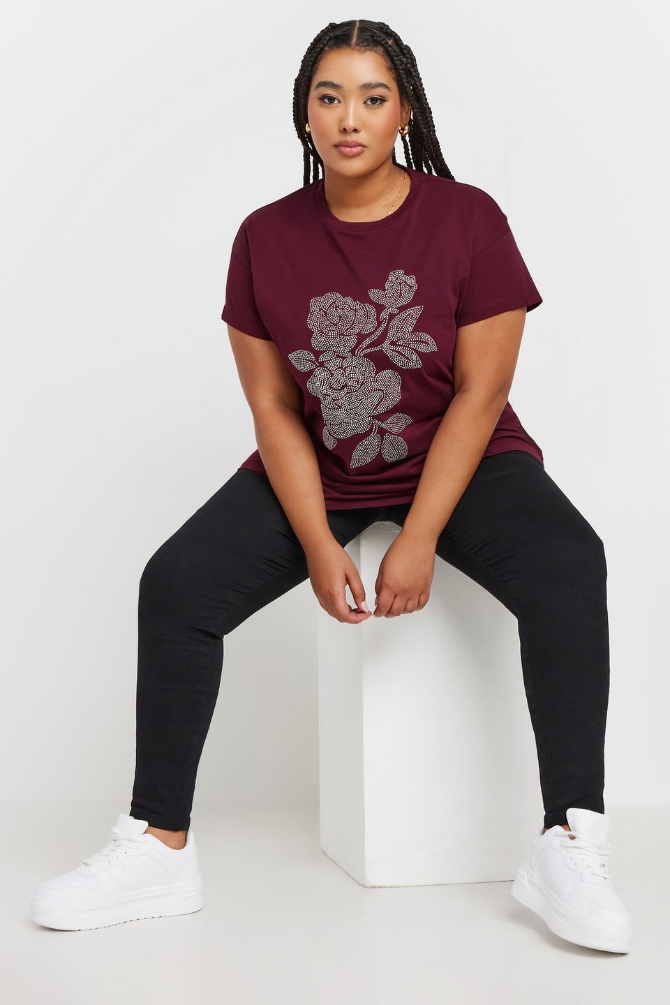 Yours Curve Burgundy Red Stud Embellished Floral Top