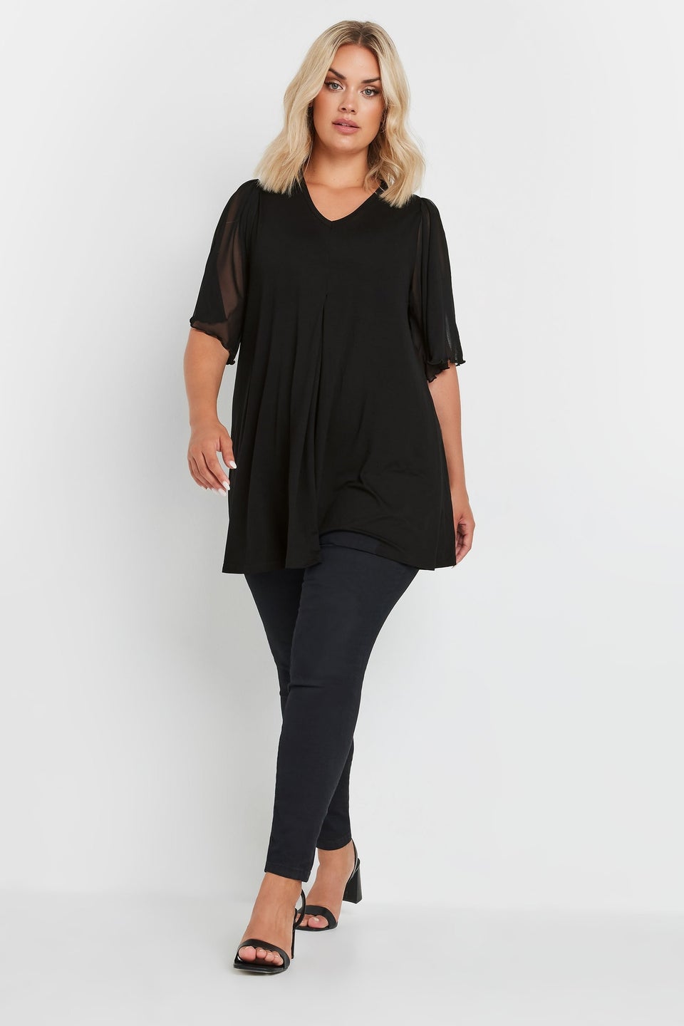 YOURS Curve Black Pleat Front Angel Sleeve Top