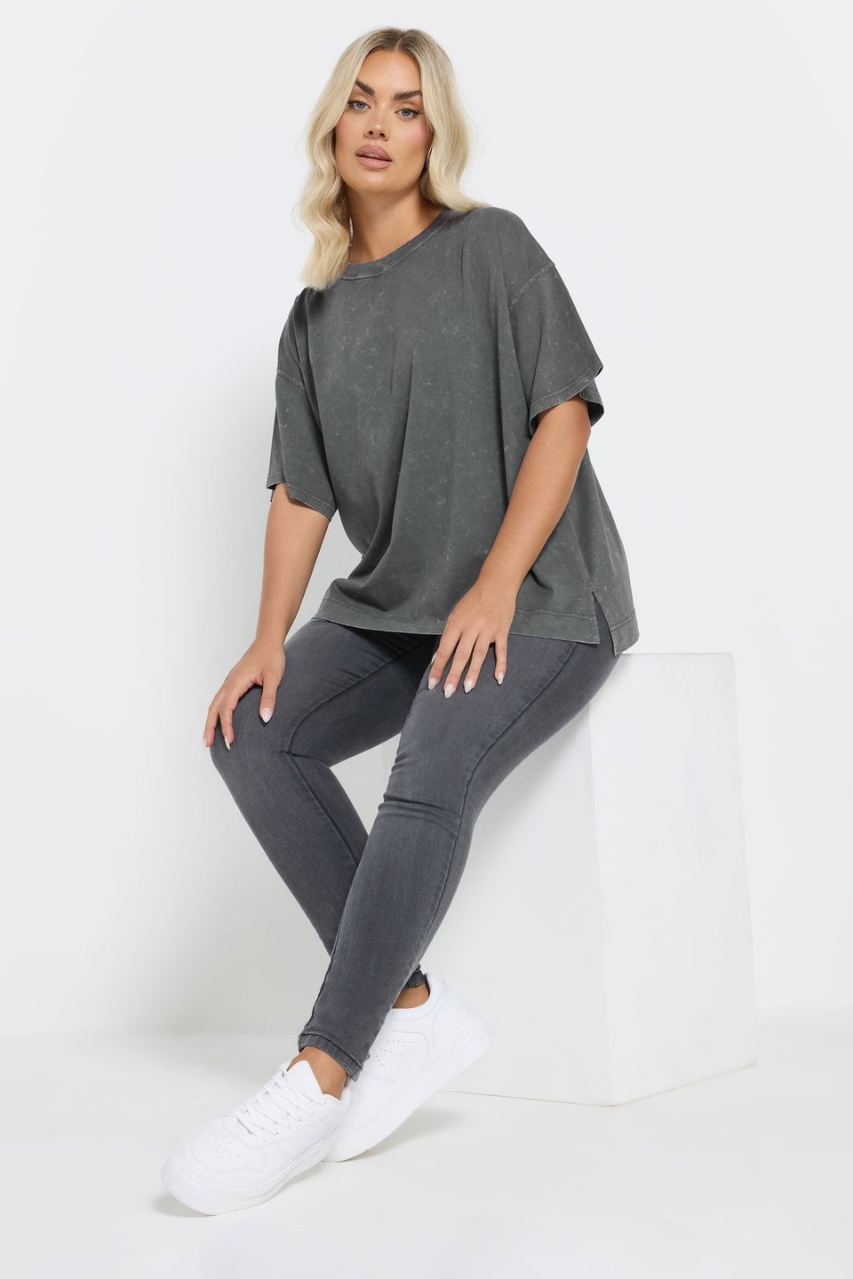 Yours Curve Grey Acid Wash Heavyweight Boxy T-Shirt