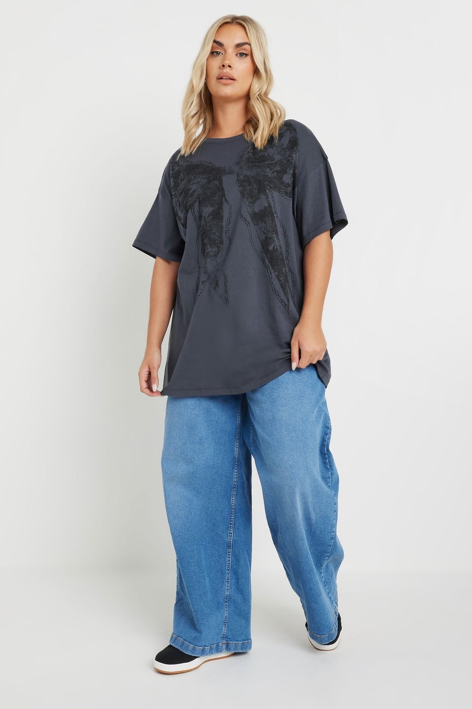 Yours Curve Grey Bow Print Oversized T-Shirt