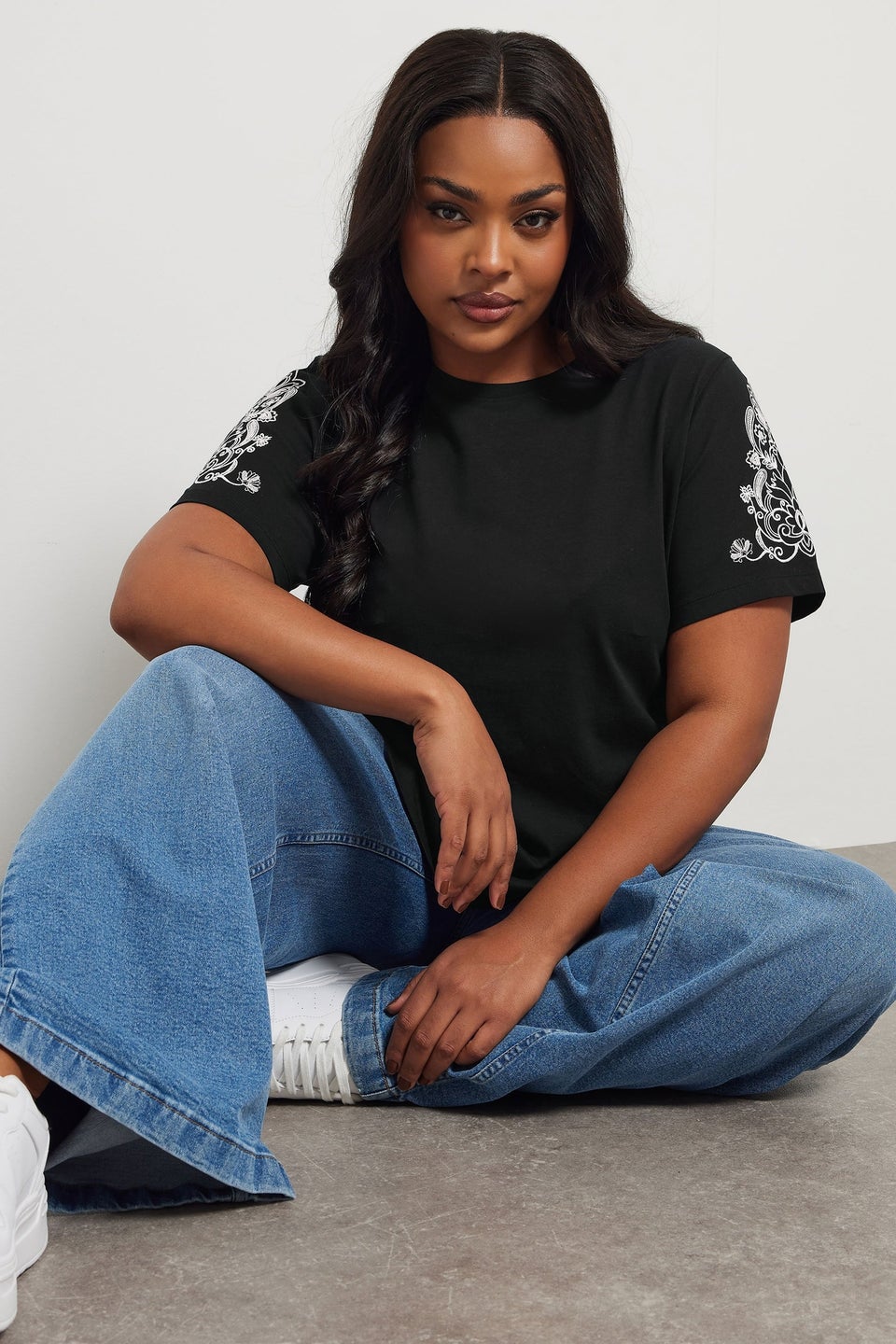 Yours Curve Black Embroidered Sleeve T-Shirt