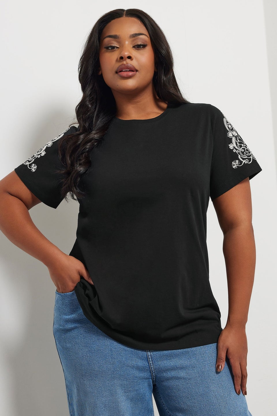Yours Curve Black Embroidered Sleeve T-Shirt