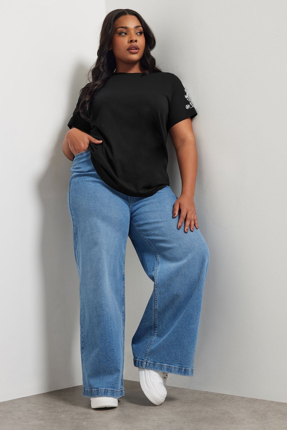 Yours Curve Black Embroidered Sleeve T-Shirt