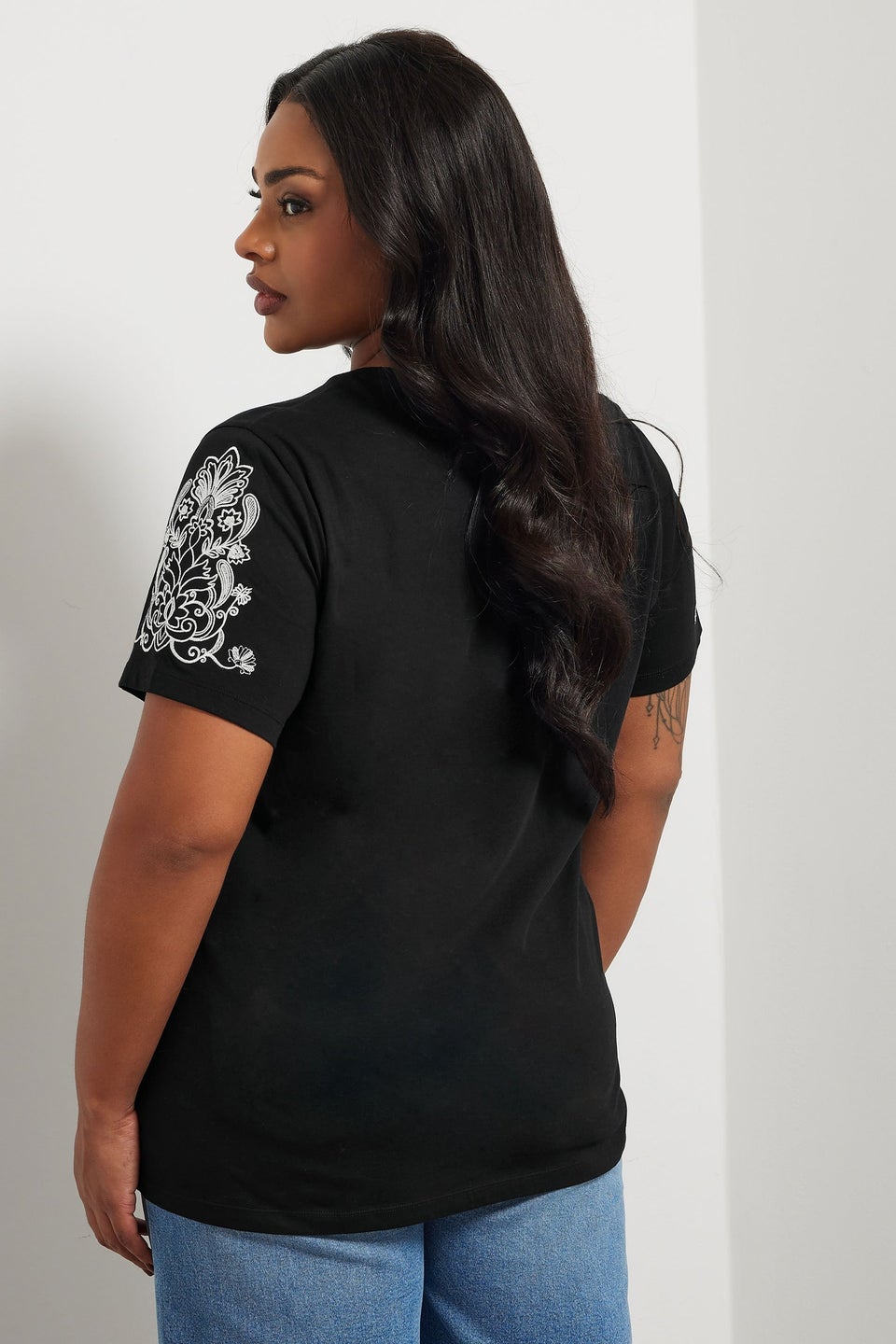 Yours Curve Black Embroidered Sleeve T-Shirt