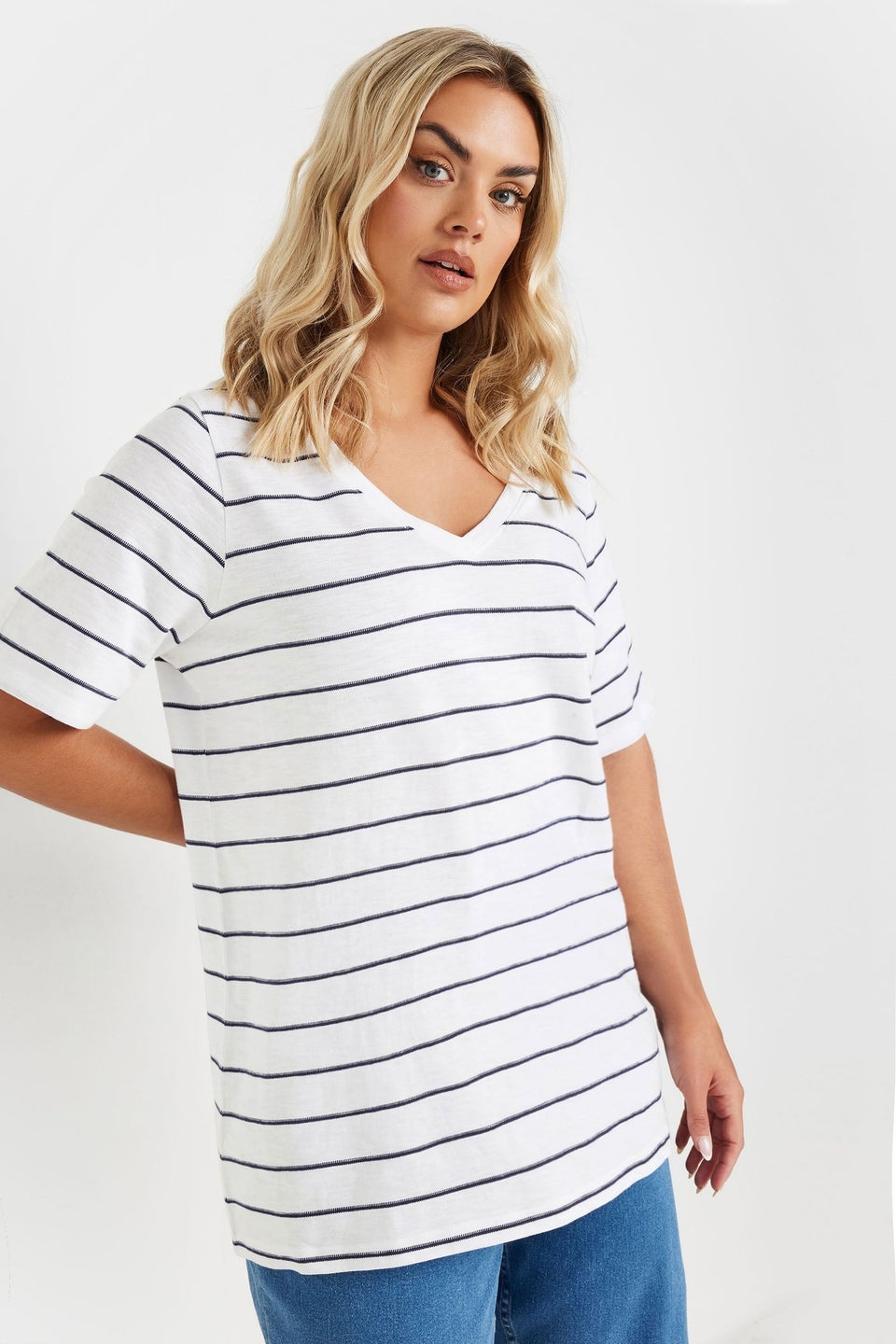 Yours Curve White Stripe Short Sleeve T-Shirt