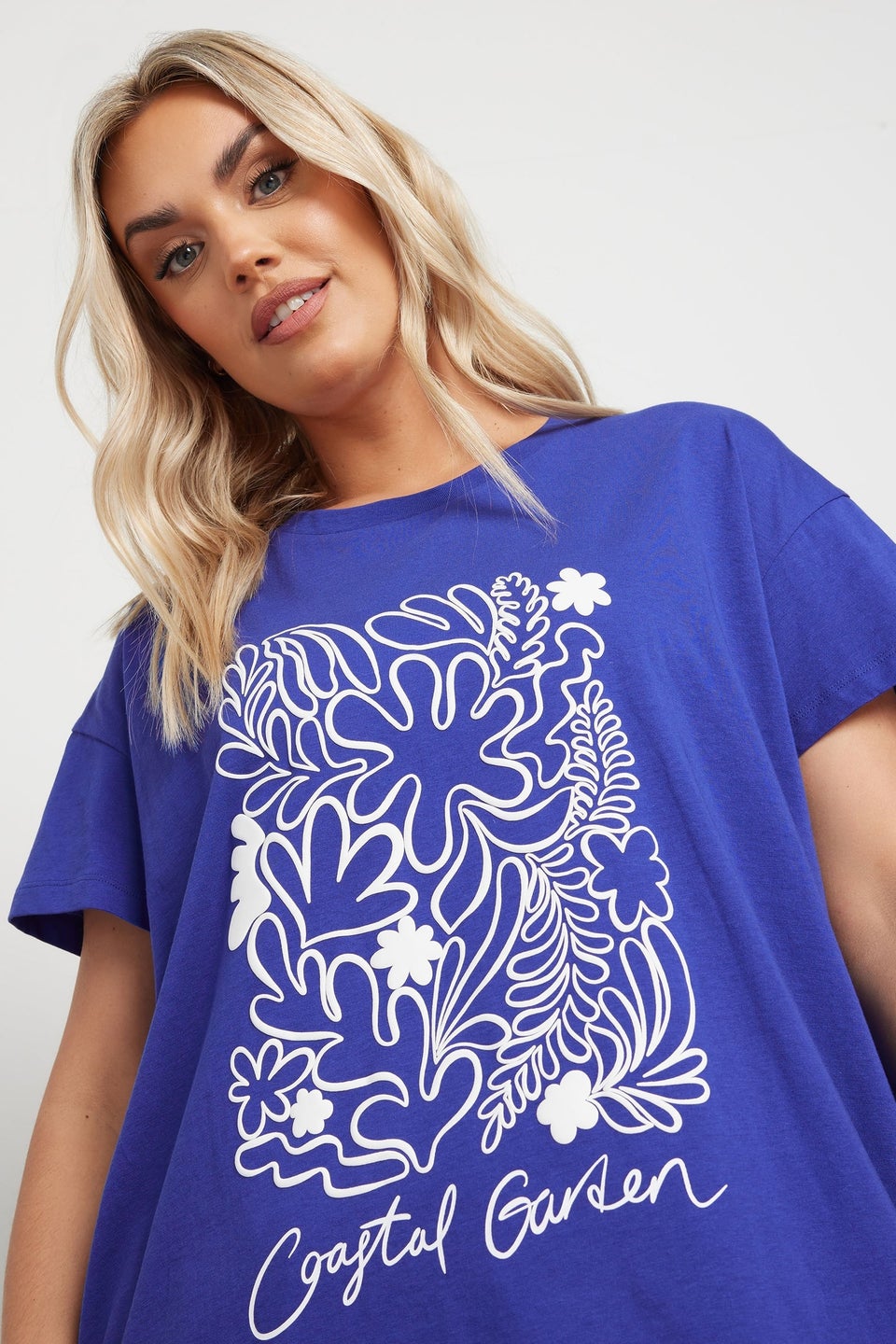 Yours Curve Blue Coastal Garden Graphic Print T-Shirt