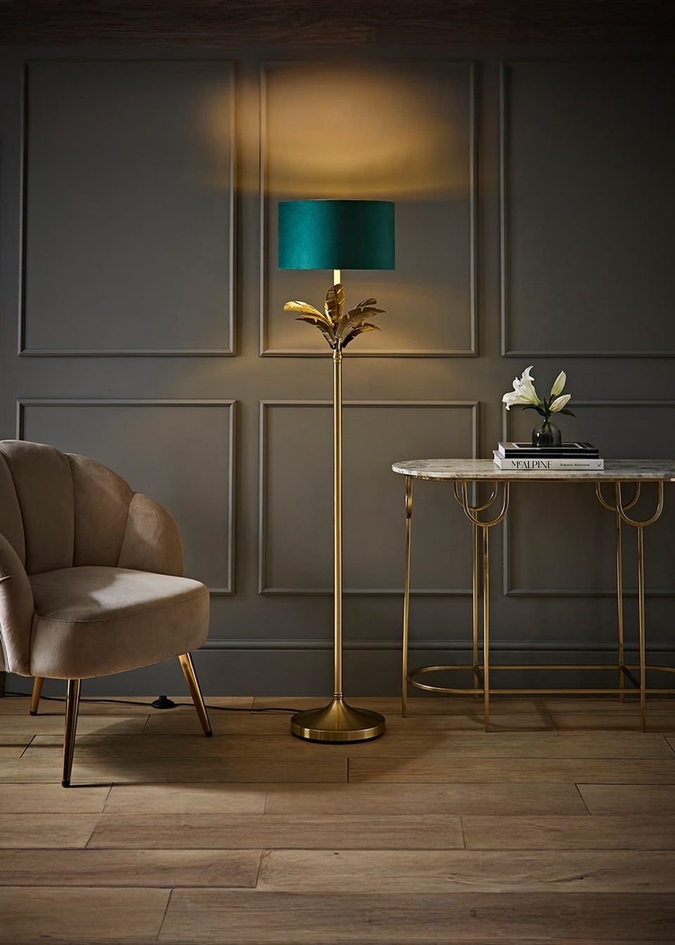 ValueLights Christina Gold Palm Leaf Floor Lamp Green Velvet Lampshade