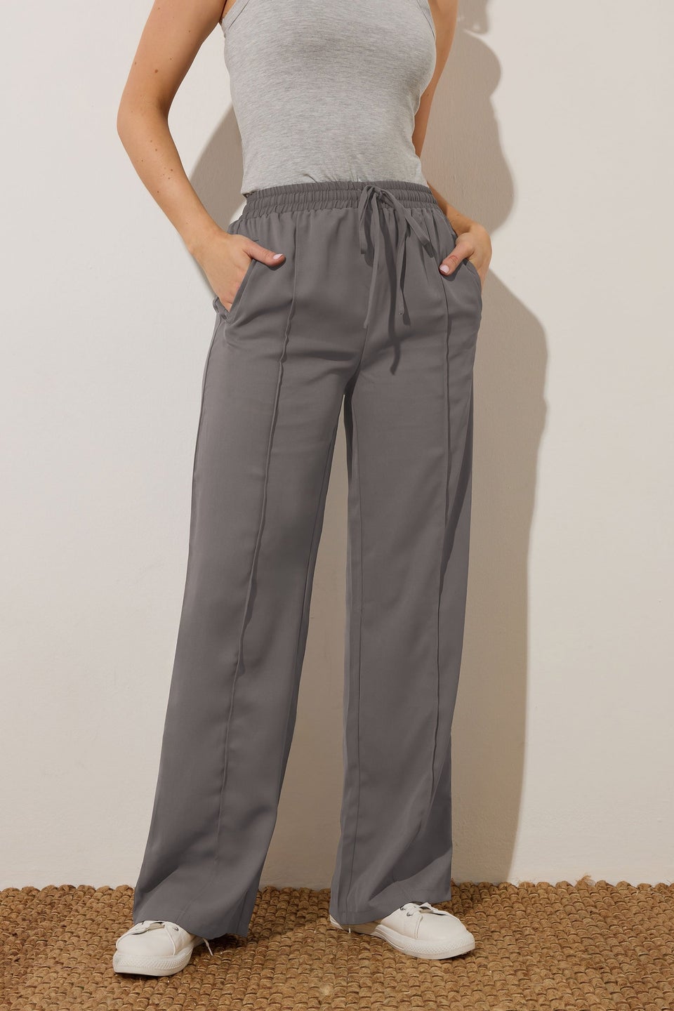 Long Tall Sally Grey Tie Waistband Wide Leg Trousers